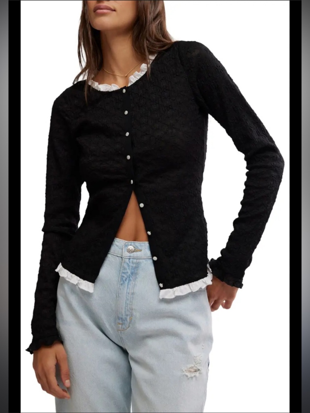 Free People Blackbird Cardi Ruffles Cute Buttondown Cardigan small